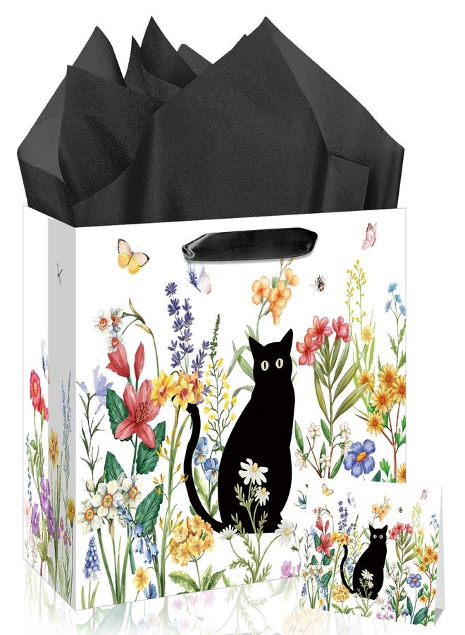 Woosytoo Cat Lover Gift Bag Back Cat Birthday Gifts Wrapping Paper Bag with Greeting Card for Boys Girls Women Men Spring Flower Black Meow Baby Shower Birthday Adoption Anniversaries Party Favors Supplies - Image 1